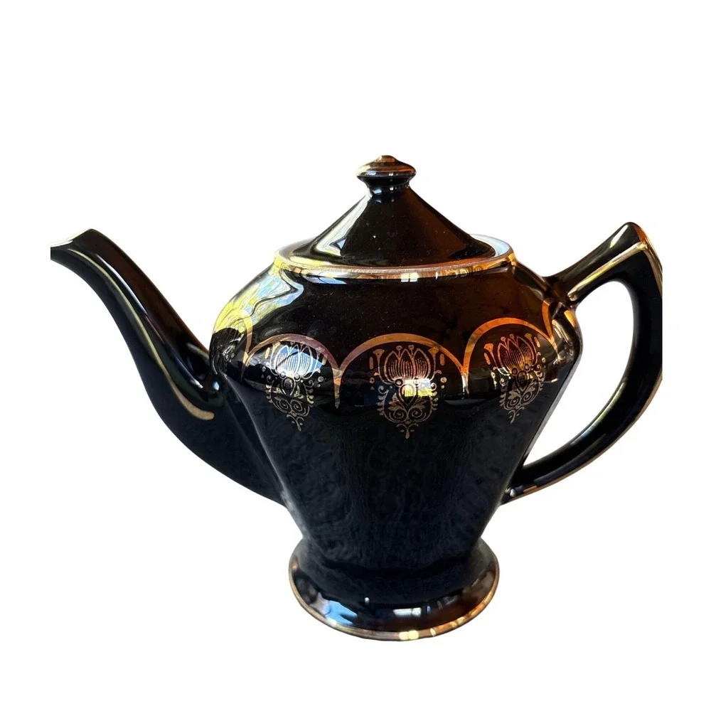 Hall China 0230 Black Gold Filigree 6 Cup Teapot Vintage Made in USA Ceramic